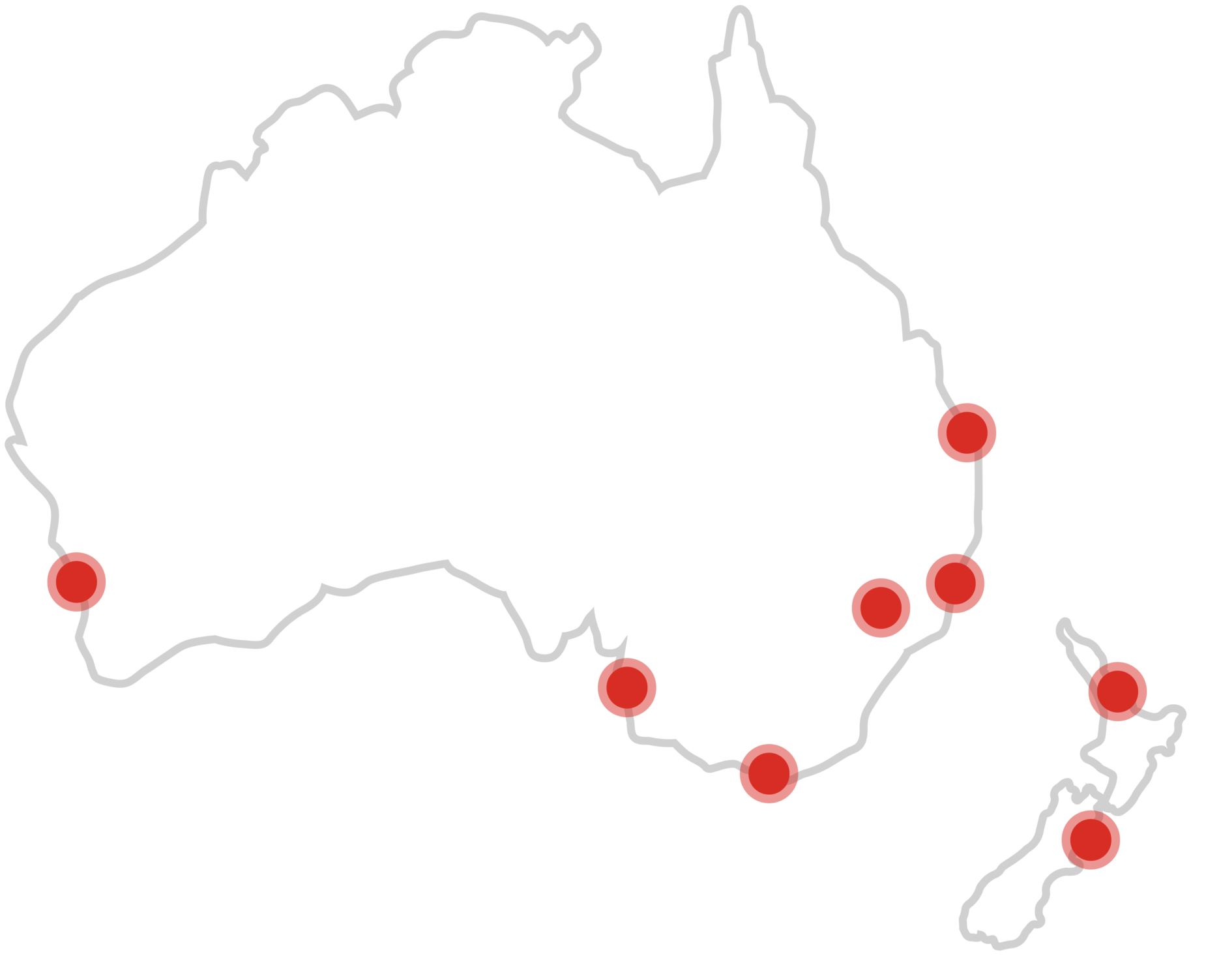 outlined graphic of a map of australia with red dots around main cities
