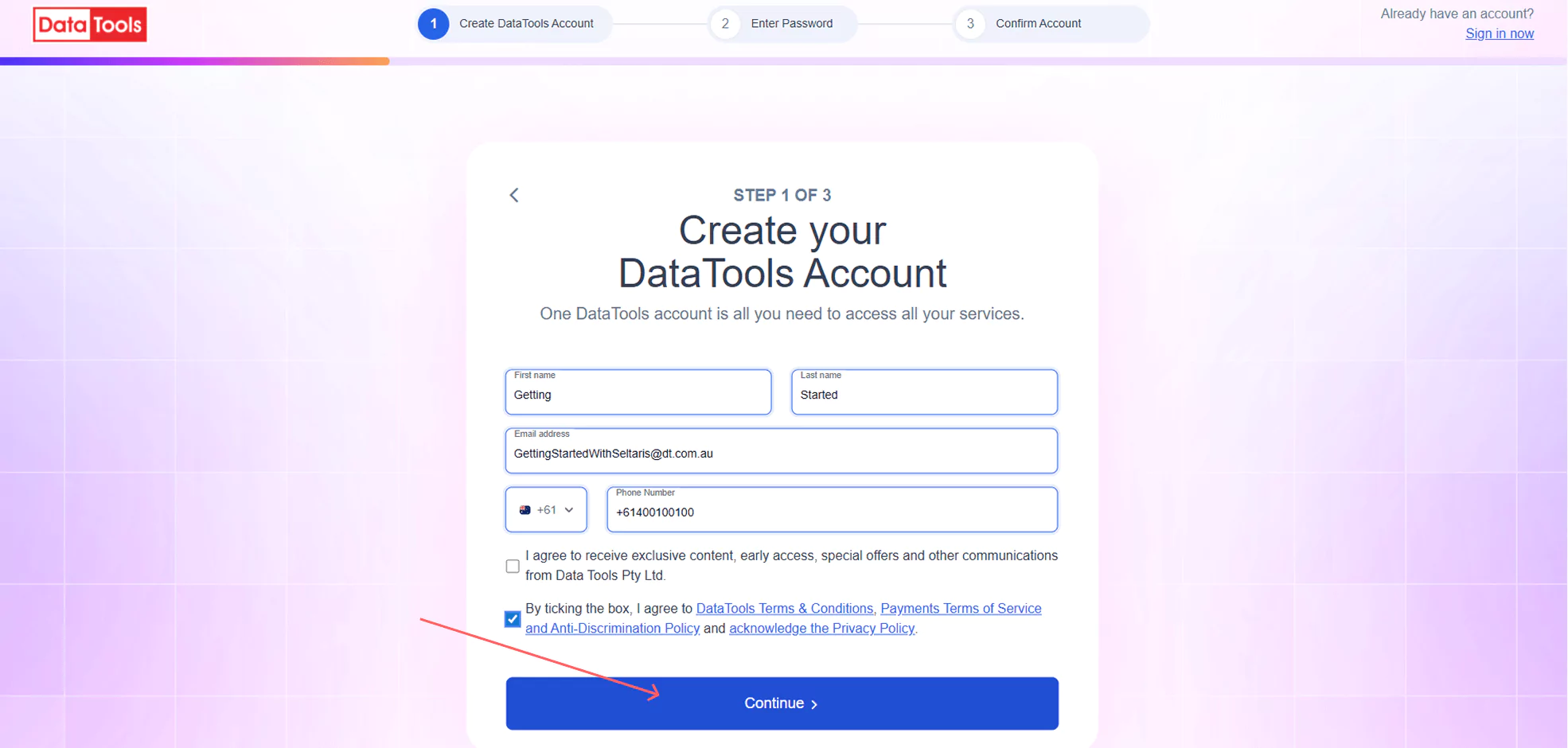 Create account page 