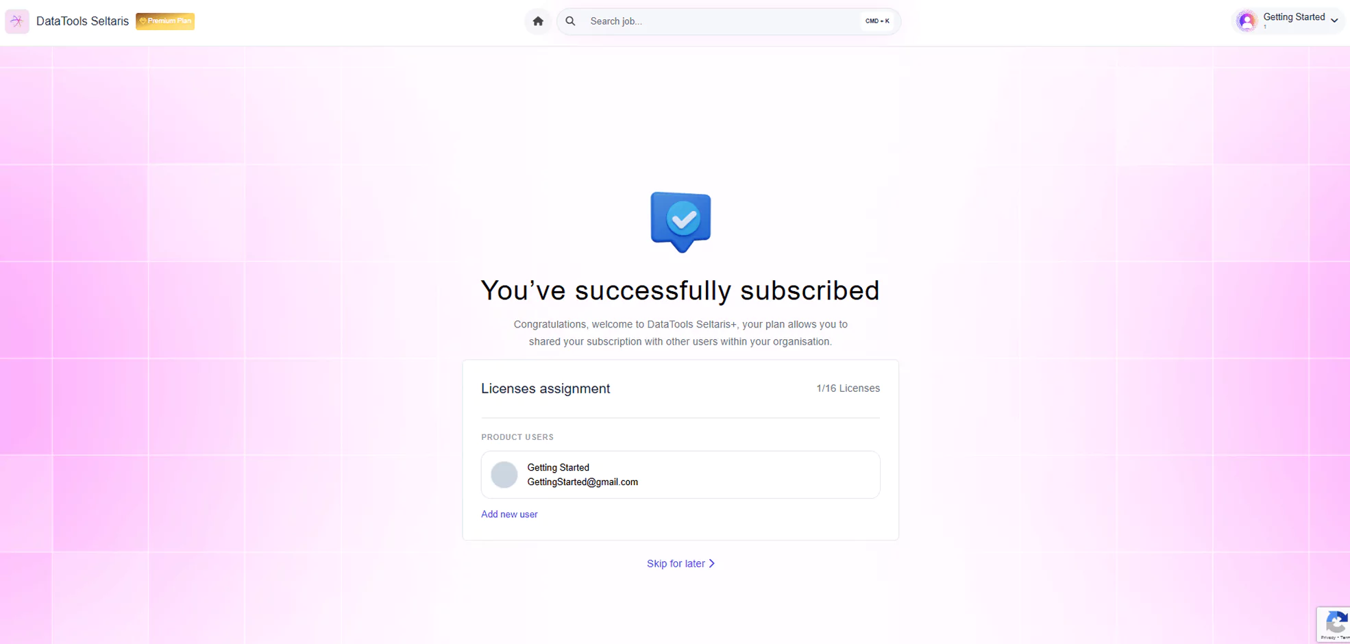 Successful subscription screen
