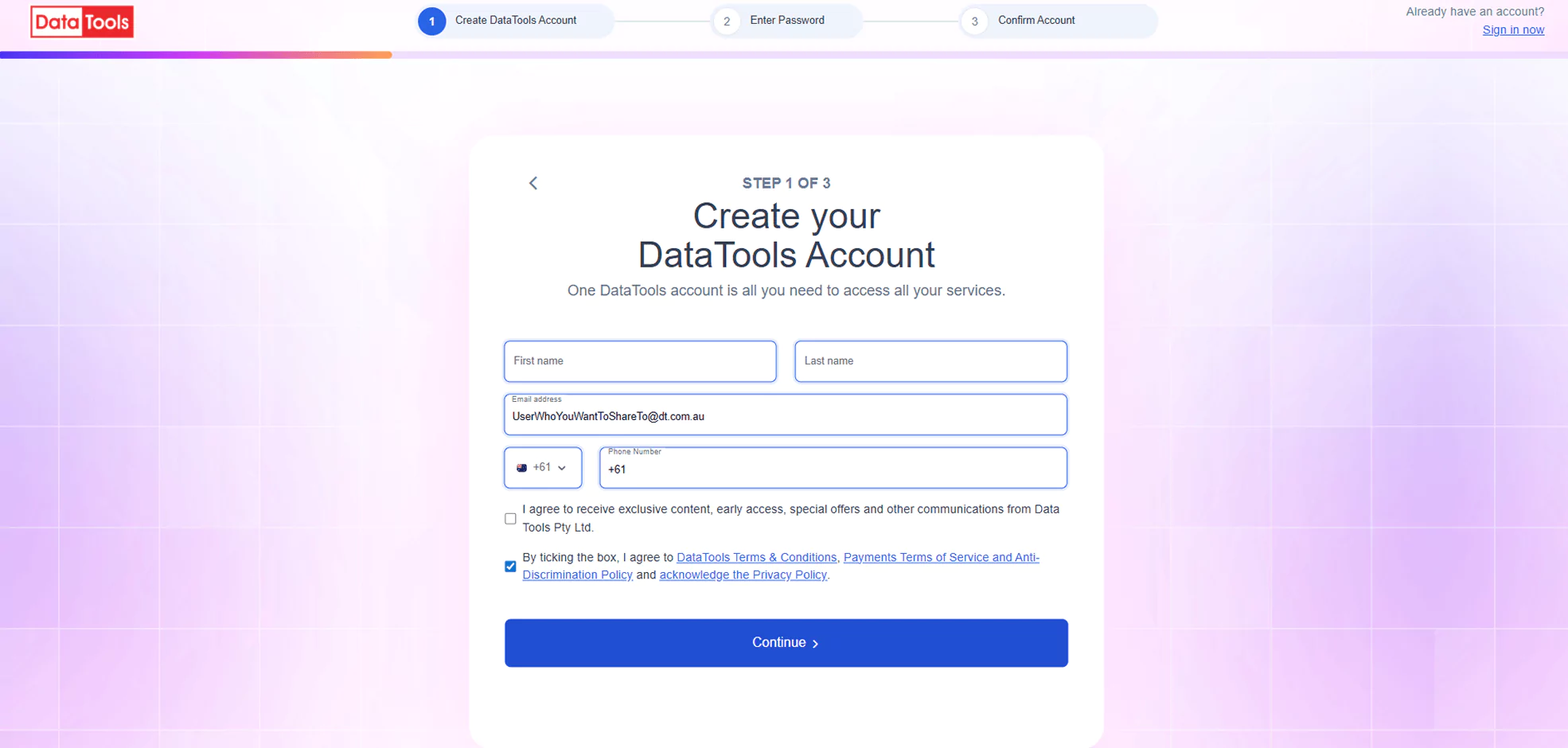 Seltaris create your account